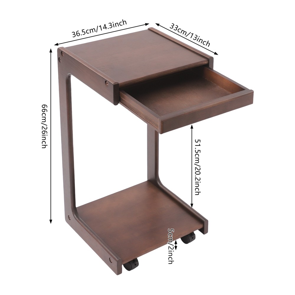 2-tierd Solid Wood Bedside C-shaped Side Table W/ Drawer & Lockable Wheels
