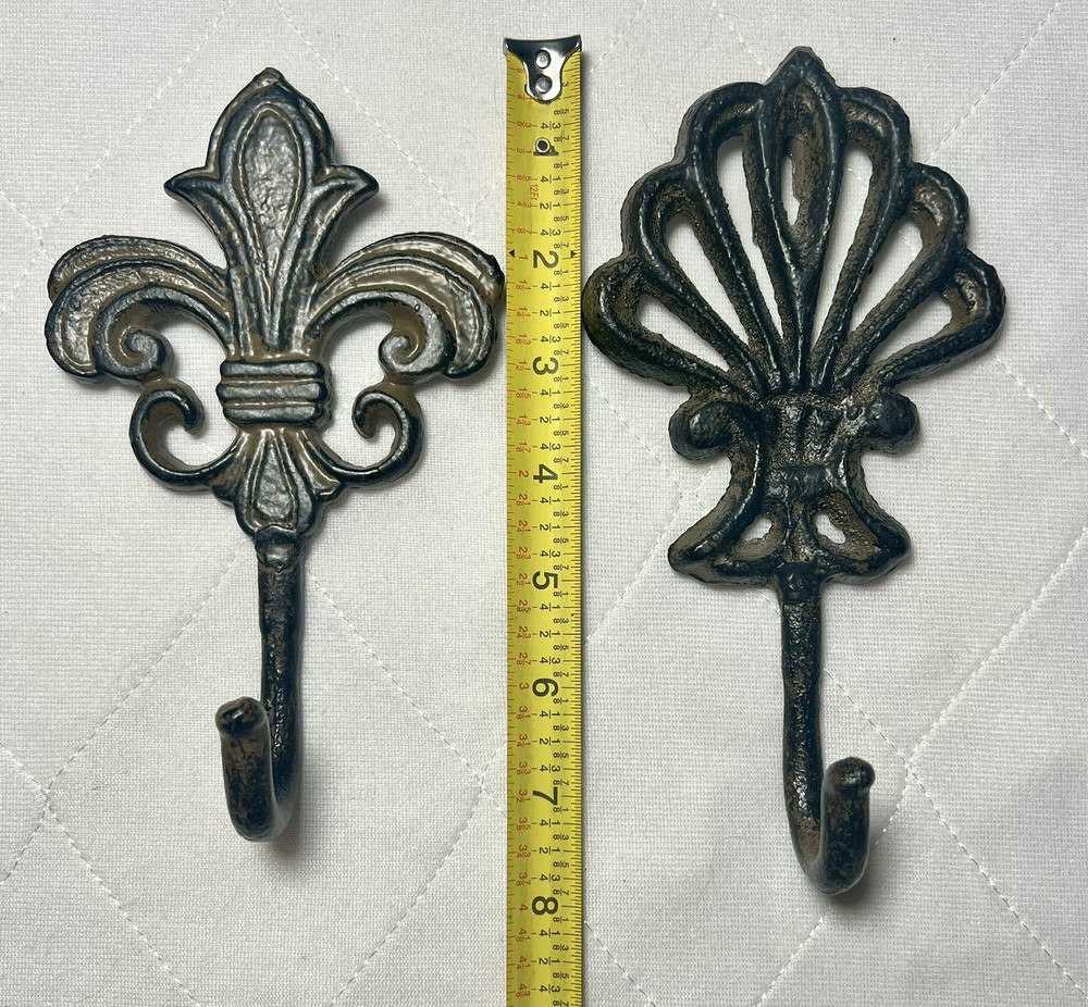Metal Wall Hook Set 2 Curtain Tie Back Hook Fleur De Lis Rustic Heavy 8”