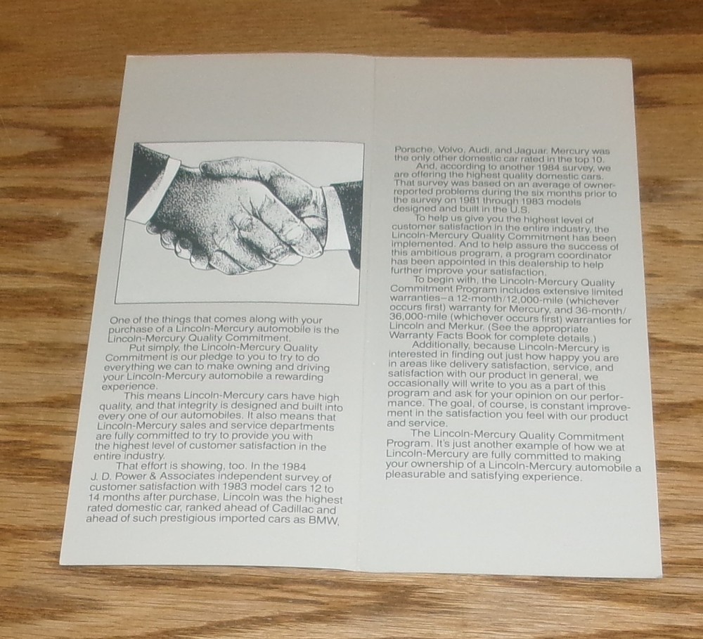 Original 1985 Lincoln Mercury Quality Commitment Program Sales Brochure 85