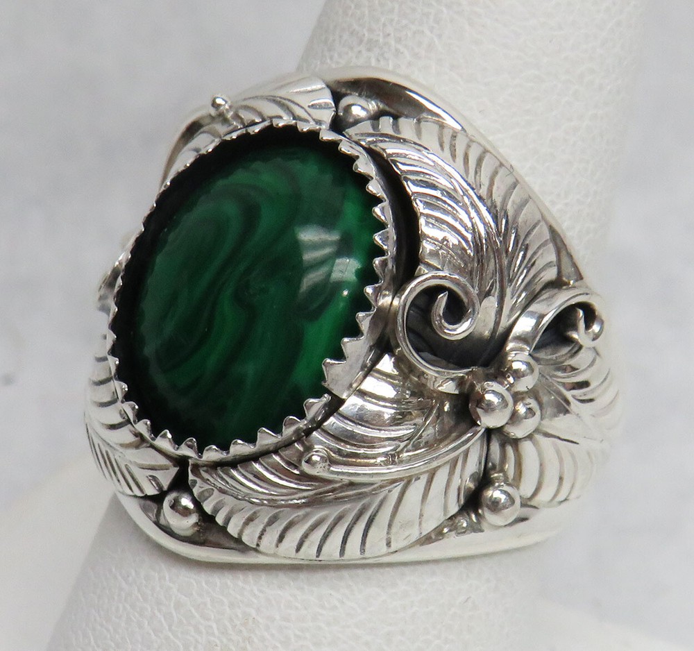 SOUTHWESTERN STERLING SILVER & MALACHITE RING "SIGNED CC" SIZE 9 1/2