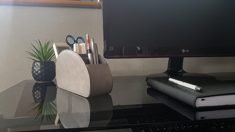 Remote Control Holder with 5 Compartments Grey PU Leather Office Organization
