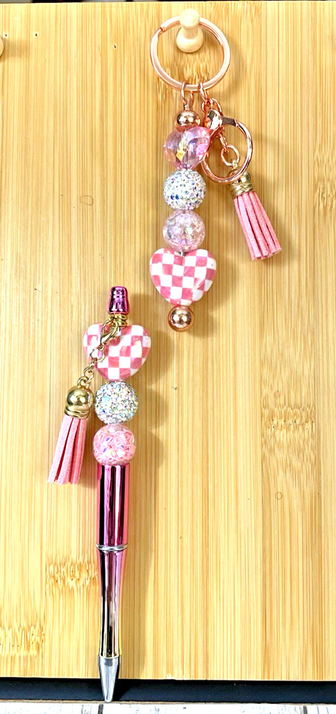 HAND MADE BEAD PEN & BEAD KEY CHAIN - & INK REFILL- heart