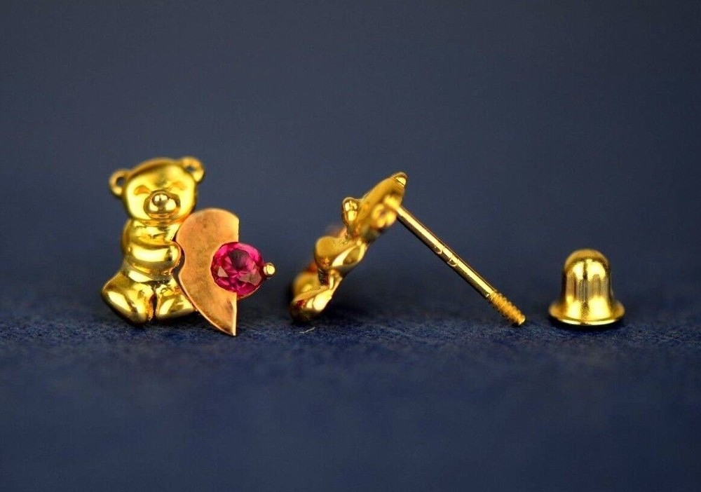 14k Yellow Gold CZ Heart Bear Stud Earring