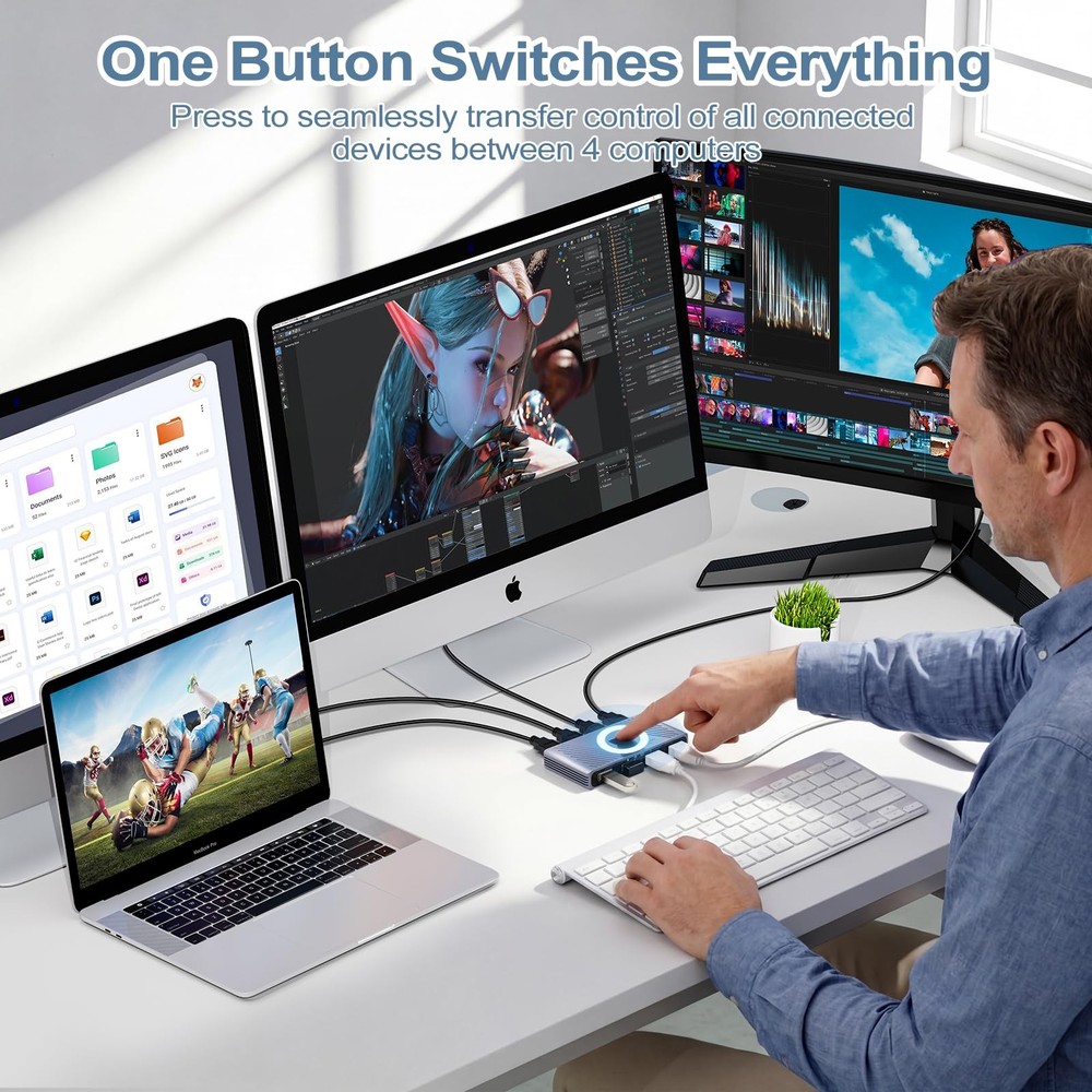 USB 3.0 Switch, 4 Computers Sharing 4 USB Devices, OneButton Switcher for Key...