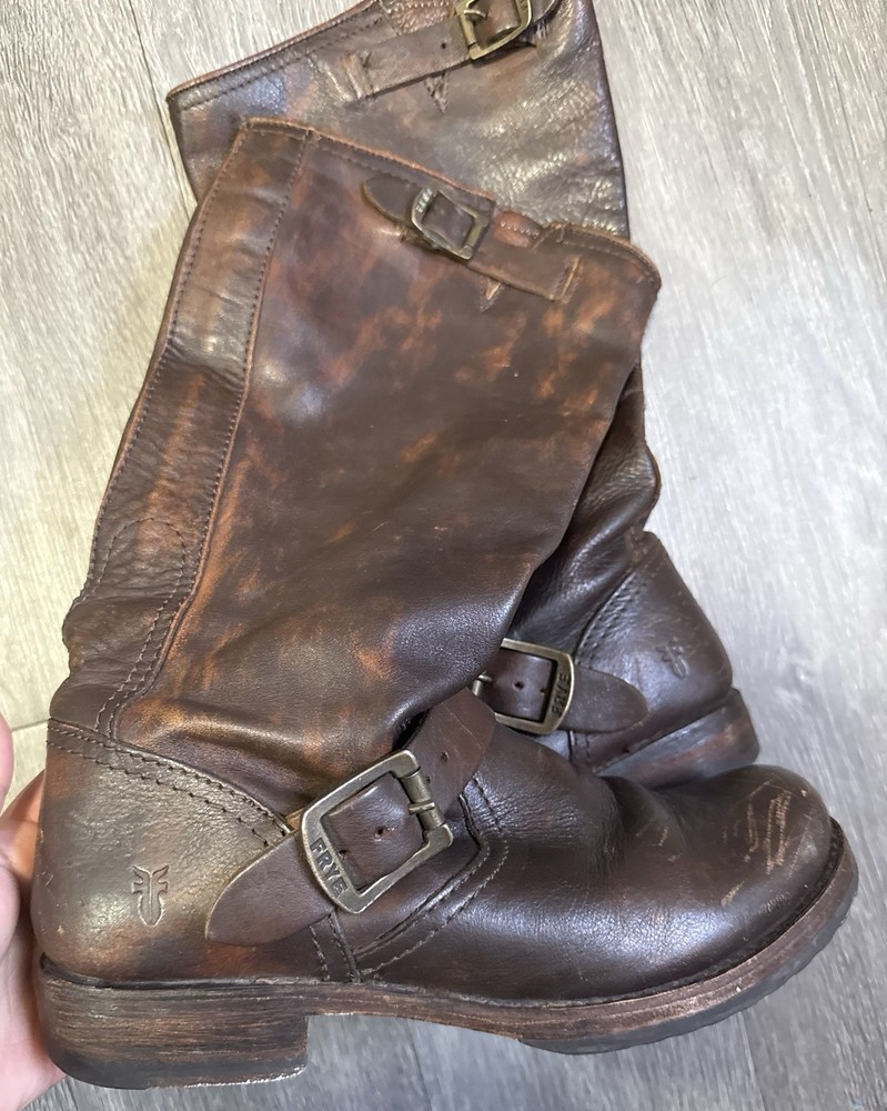 Frye Veronica Tall Slouch Engineer Boots Distressed Brown Leather Size 7.5 Us