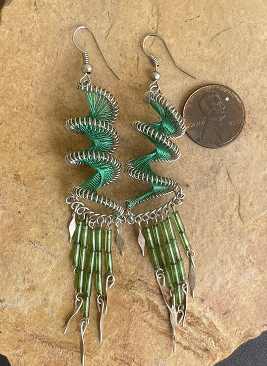 Peruvian Emerald Green Spiral Long Silk Thread Earrings Beads Handmade Boho