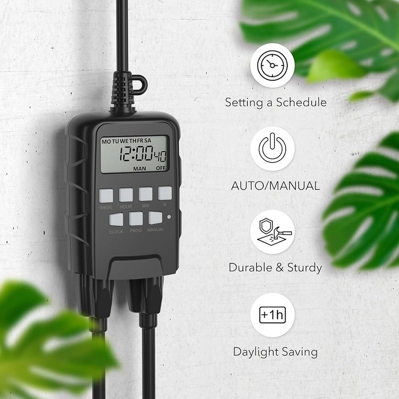 Digital Outdoor Timer Dual Outlets 8 Programmable Settings Waterproof Device New