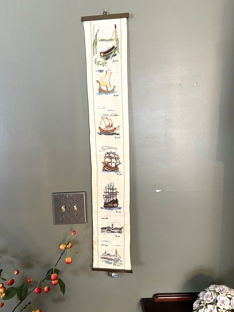 Vintage Hand Made Scandivanian Cross Stitch Bell Pull Linen Nautical Signed