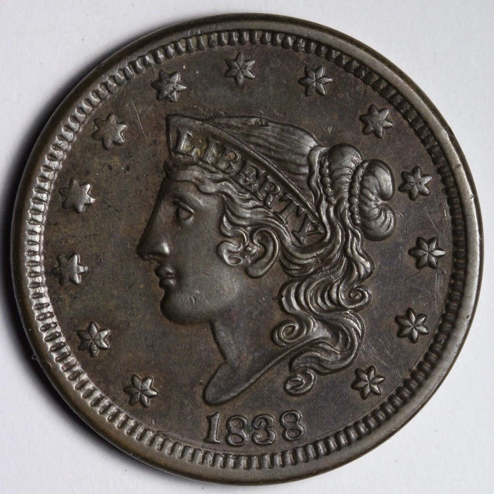 1838 Coronet Head Large Cent AU+ E105 KWNEX