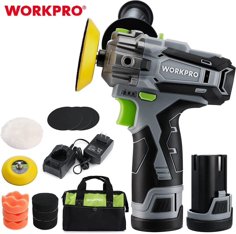 WORKPRO Cordless Polisher 12V Mini Car Detailing 3" Buffer & Sander Machine Kit