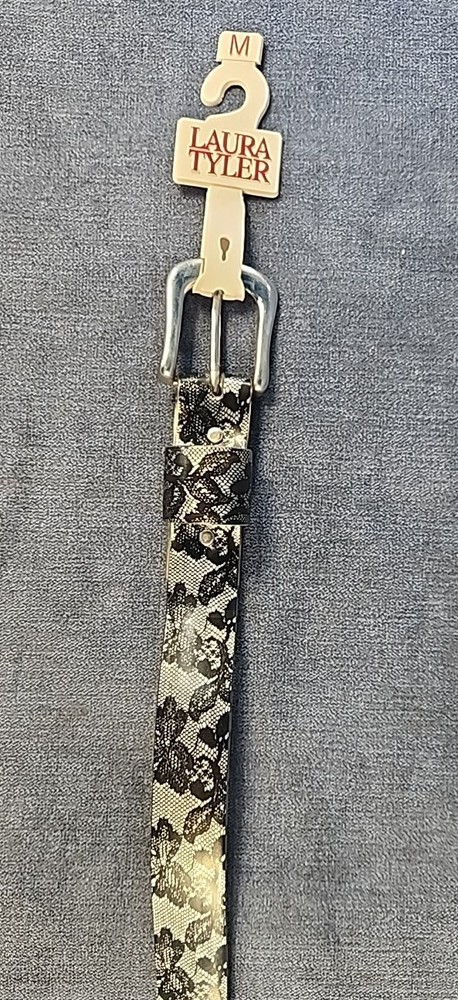 Laura Tyler Silver & Black Plastic Belt Floral Medium New Vintage mAAF