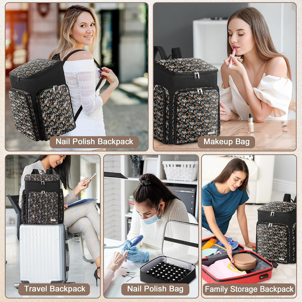 Floral Pattern Nail Polish Storage Backpack, Large Capacity Organizer Case with