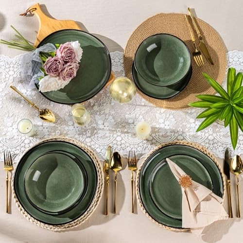 Ceramic Dinnerware Sets,Handmade Reactive Glaze Service for 4 Matte Jade Green