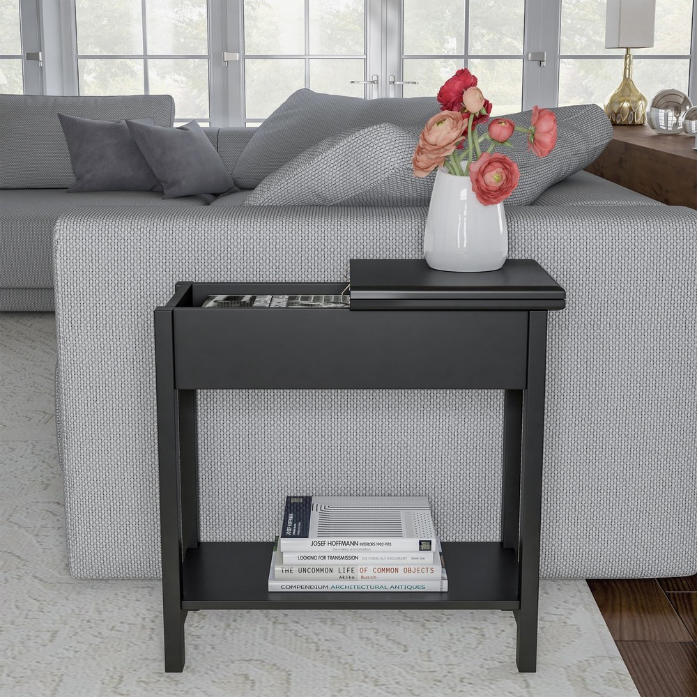Narrow End Table W/ Storage Compartment & Shelf Black)