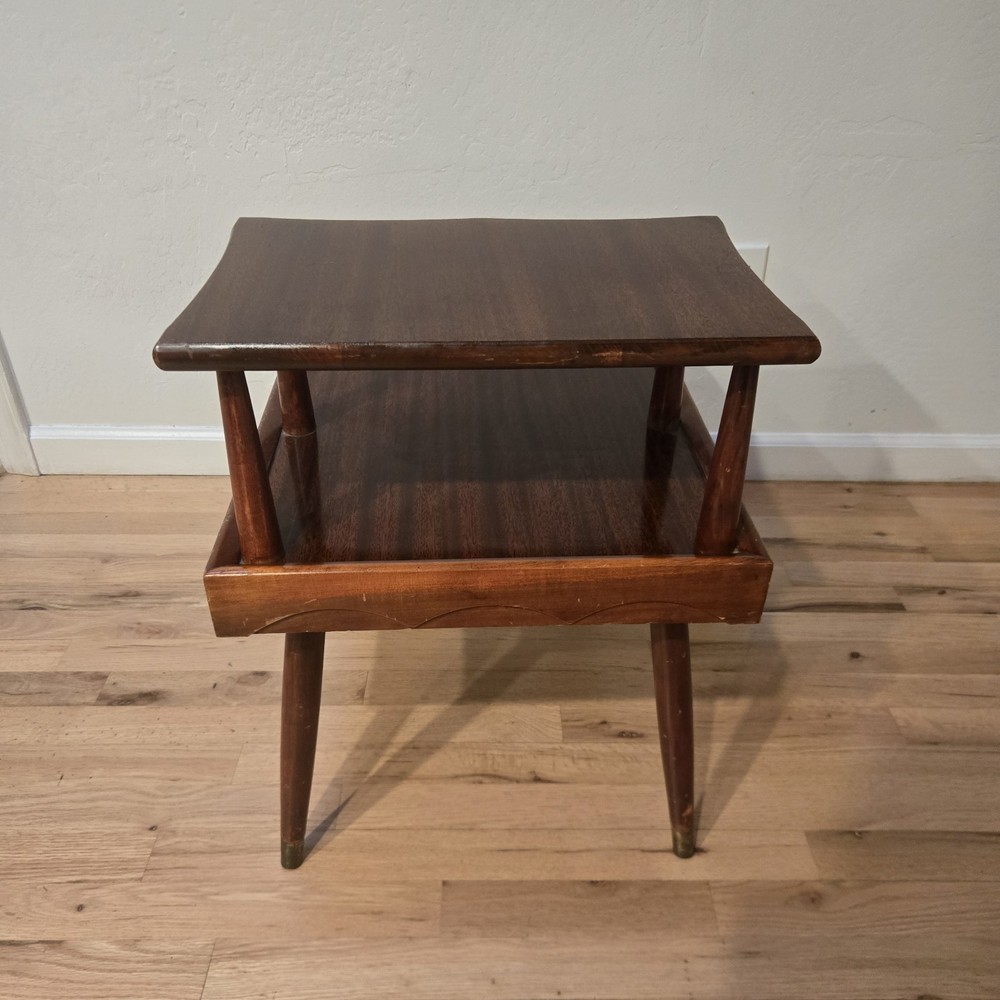 Atomic Era Mid Century Modern Brass Mahogany End Table two Tier Laminate Step