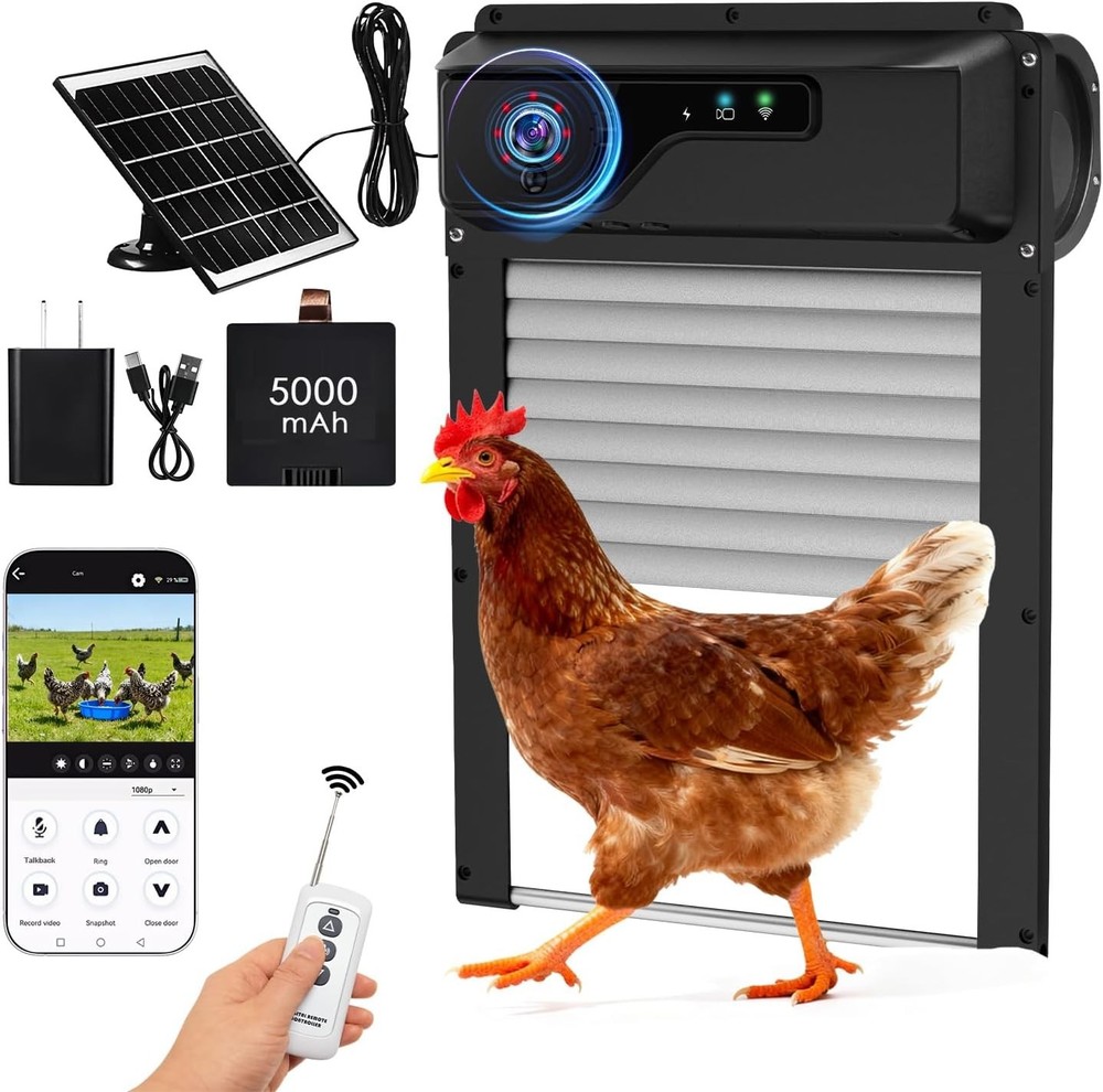 Automatic Chicken Coop Door with HD Camera, WiFi, Timer, Solar Power, Remote