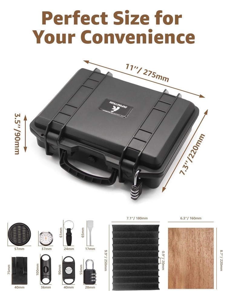 INFINITKIN Cigar Humidor Case | Lockable, Waterproof, Medium, Black