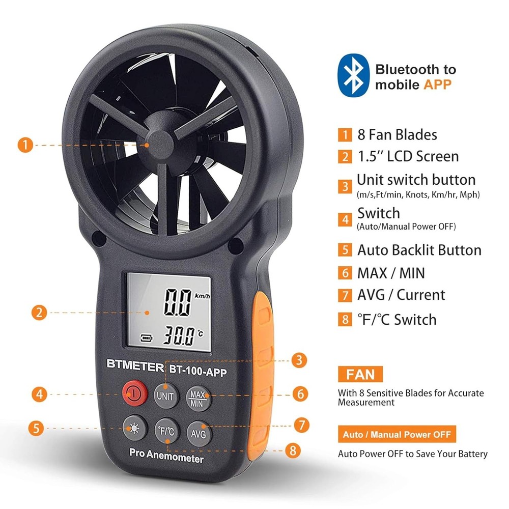BT-100APP Anemometer w/Wireless Bluetooth, Digital Handheld Wind Speed Meter ...