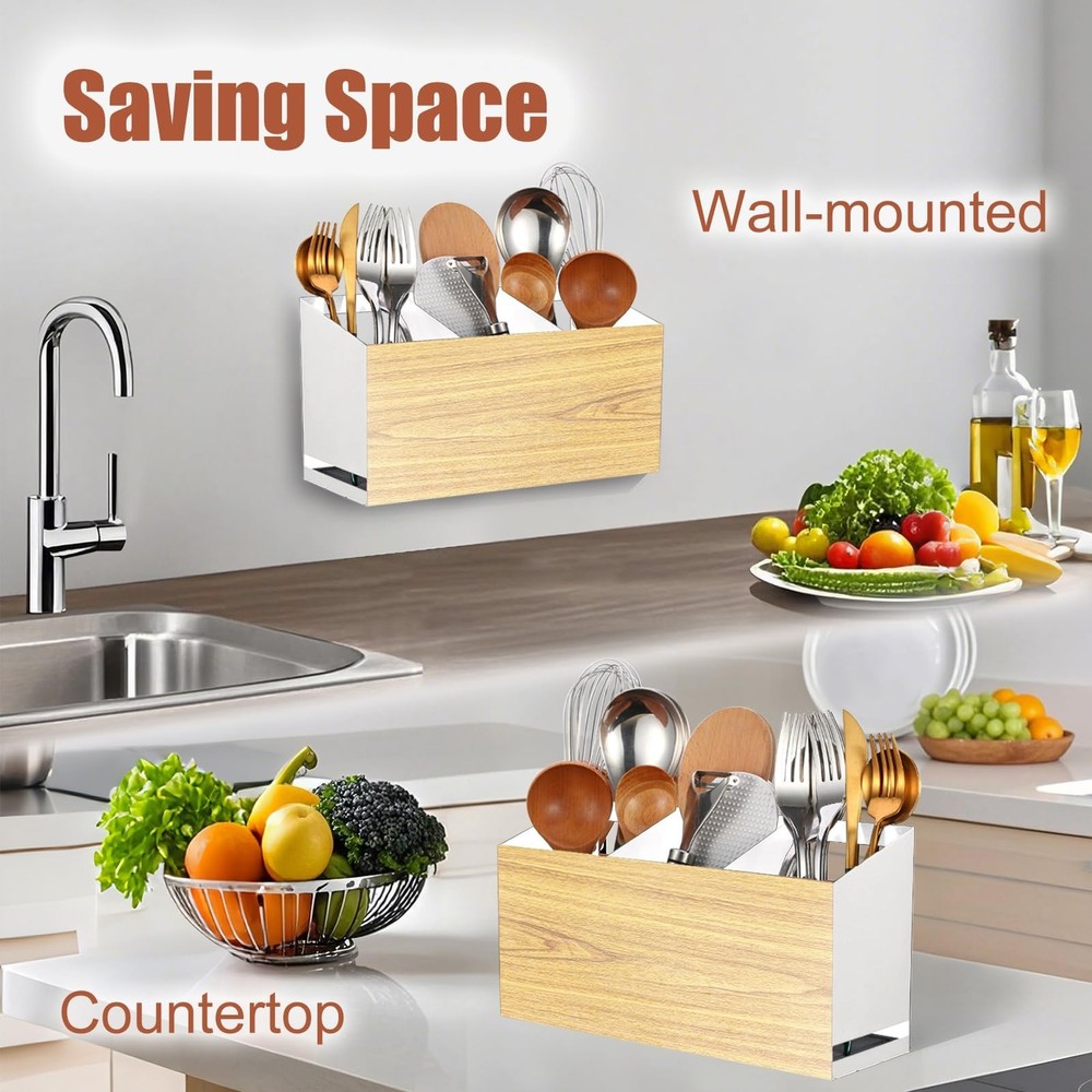 Utensil Holder Large Iron Flatware Container with 3 Compartments Countertop W...
