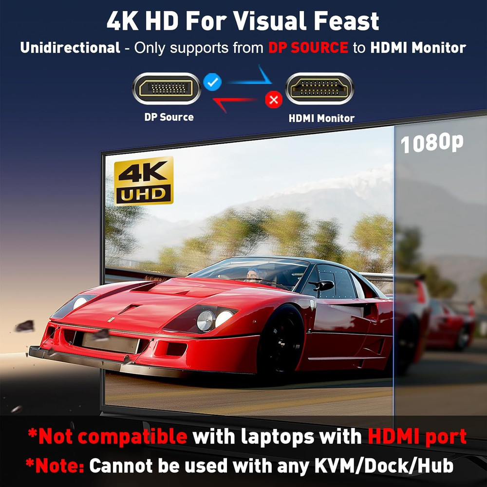 4K DisplayPort to HDMI Cable 6Ft, Uni-Directional Only, DP 1.2 (Source) to HDMI