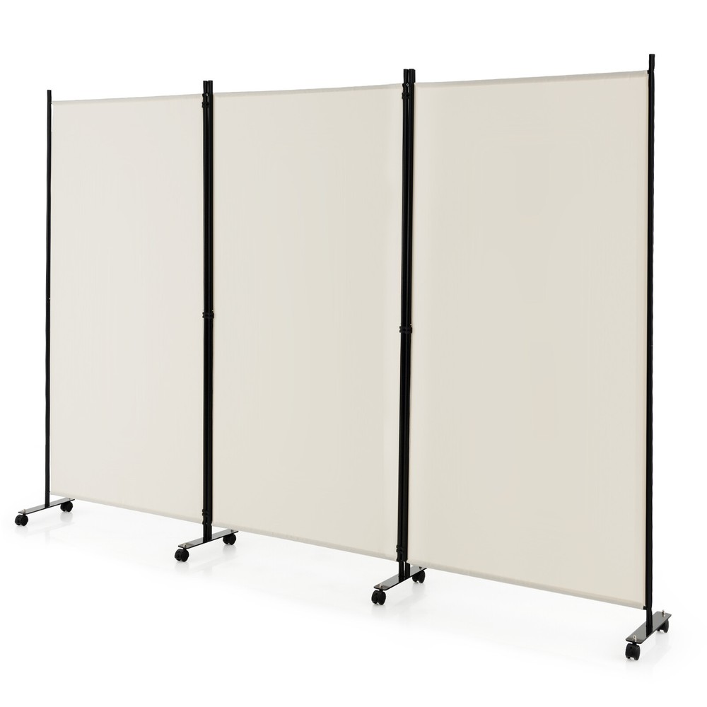 3-Panel Folding Room Divider 6Ft Rolling Privacy Screen w/Lockable Wheels White