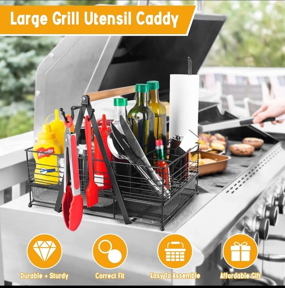 Picnic Caddy and Grill Utensil Caddy Adjustable Compartment Storage with Drawer
