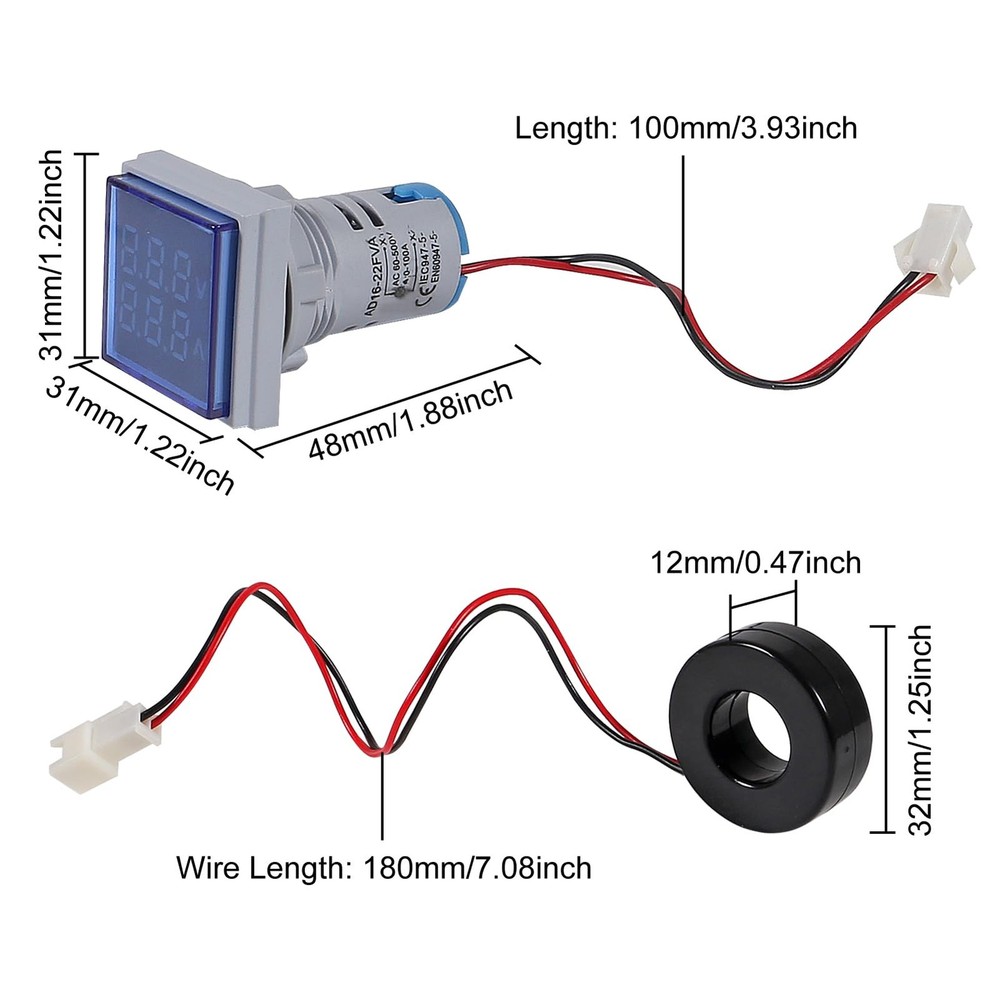 Blue LED Display Voltmeter Square Dual Display Voltmeter and Ammeter LED Digi...