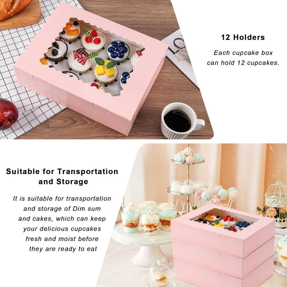 6PCS Cupcake Boxes - Hold 12 Count Cupcake Containers with Window, Food Grade Cu