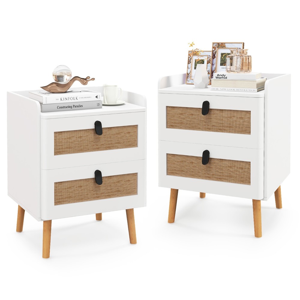 2 PCS Modern Nightstand End Bedside Table w/ 2 Rattan Drawers & Solid Wood Legs