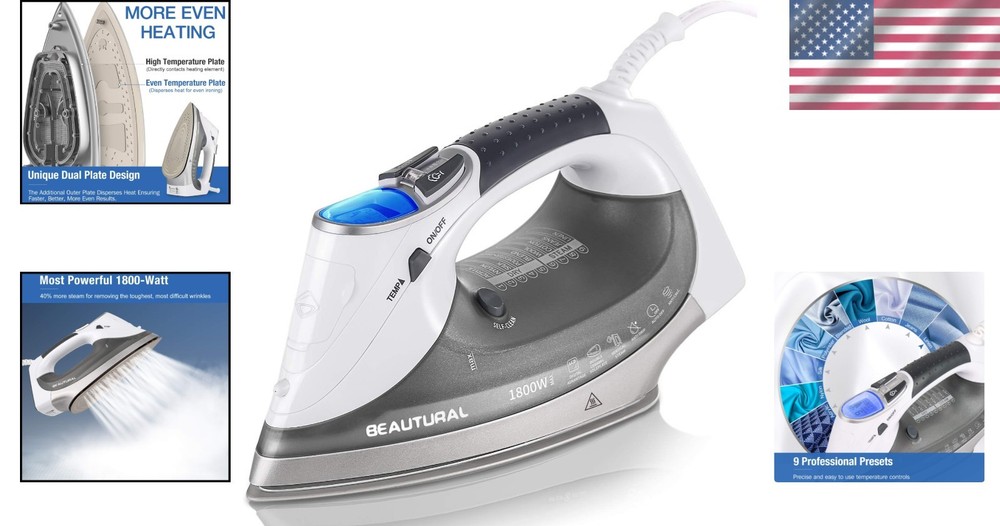 1800W Steam Iron with Ceramic Soleplate, LCD Screen