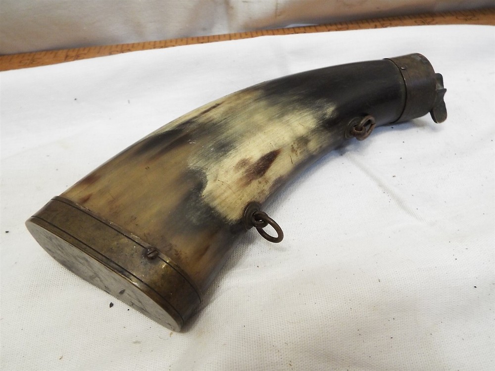 Antique Brass & Steer Horn Black Powder Flask Compact Small Muzzleloader Hunting