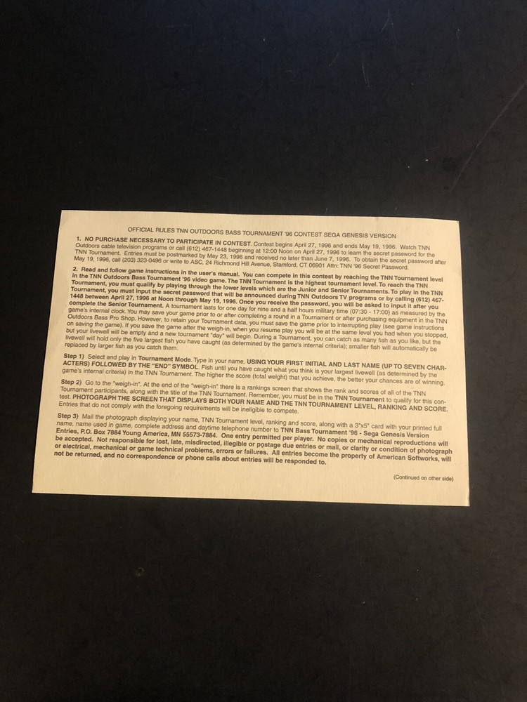 Bass Tournament Sega Genesis Insert