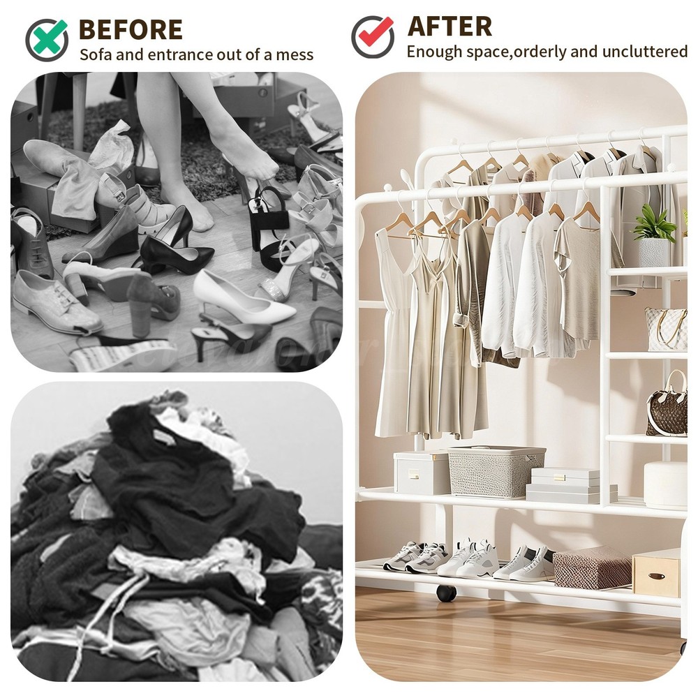 Mobile Garment Rack with Double Hanging Rods, Side Hooks Clothes Storage Shelves