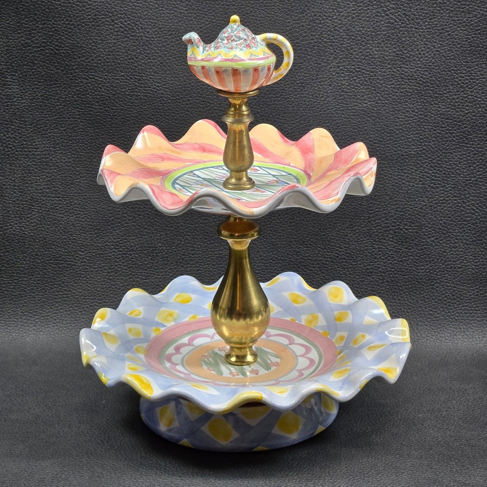 Mackenzie Childs Taylor Bearded Iris & Aurora Two Tier Sweet Stand