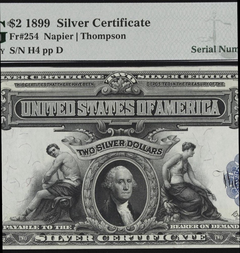 1899 $2 🇺🇸 Glorious (( Silver Certificate Mini Porthole )) Number ( 4 ) PMG 64