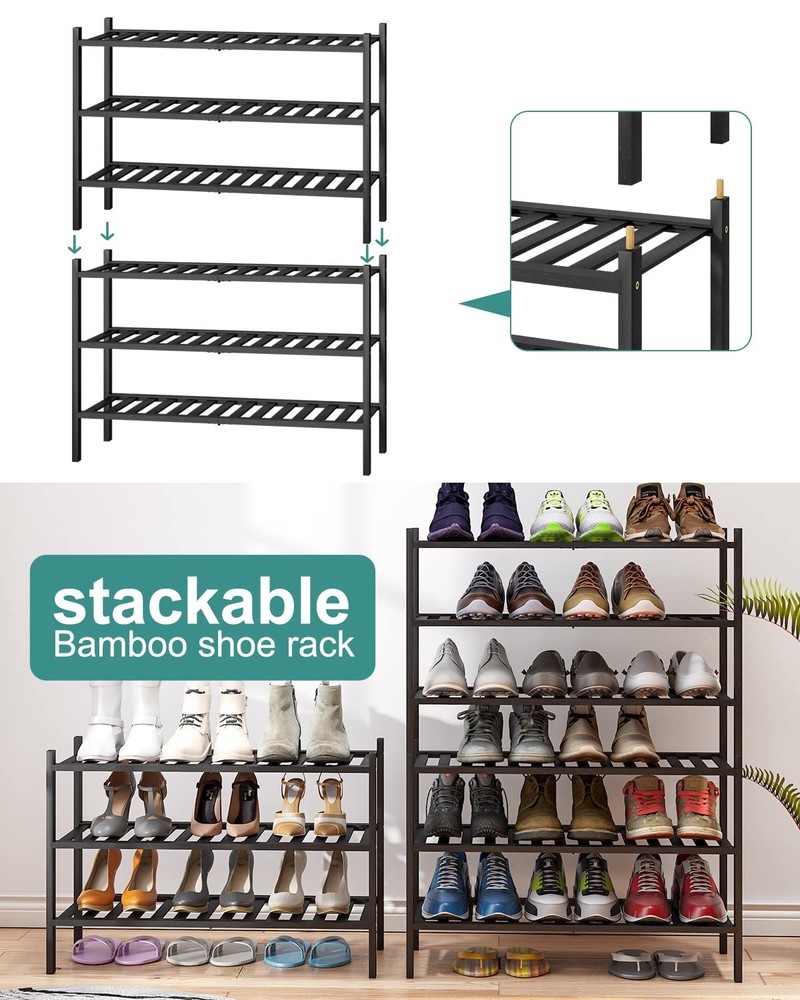 viewcare 3Tier Black Bamboo Shoe Rack Stackable Foldable Entryway