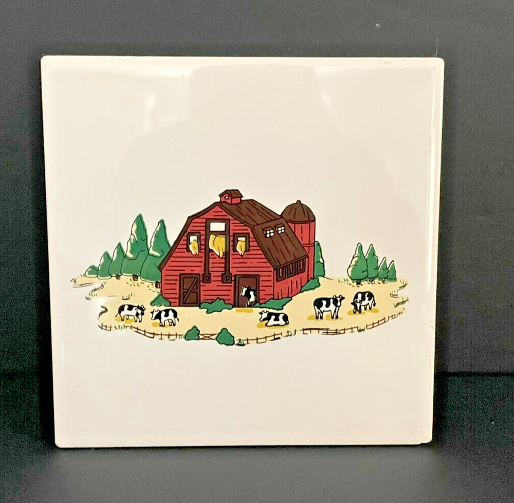 Glazed Tile Red Barn Cows Trivet Décor Americana Folk Country Cork Bottom