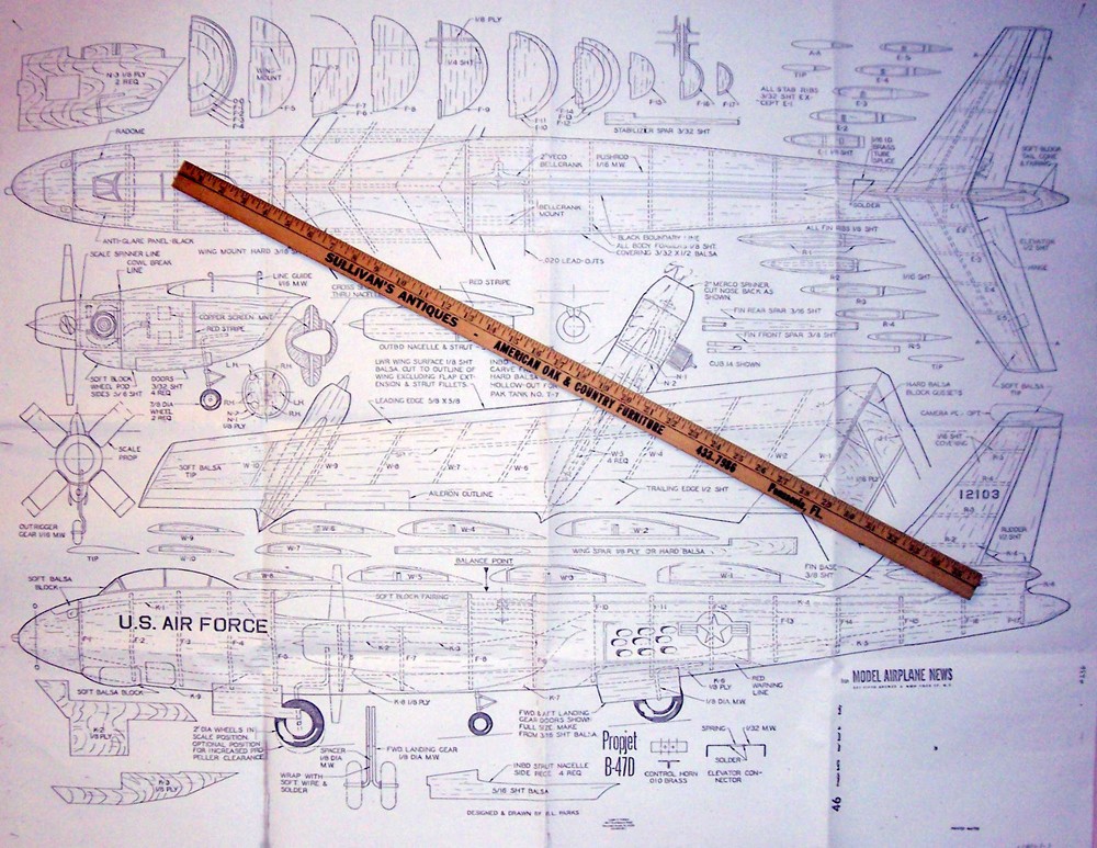 B-47D PLAN + CONSTRUCTION ARTICLE for a Very Rare 54" UC Scale Model Airplane