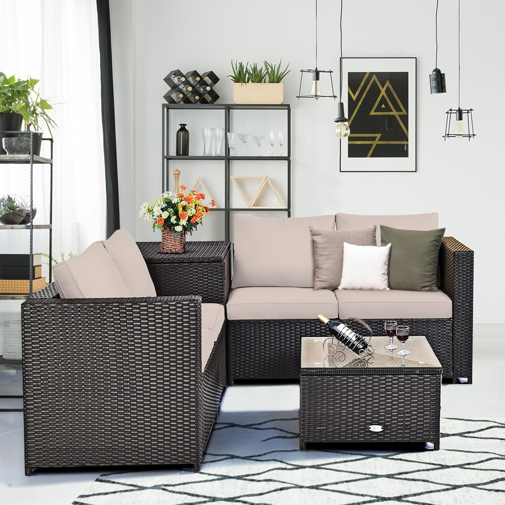 4PCS Cushioned Rattan Patio Conversation Set w/ Coffee Table Side Table