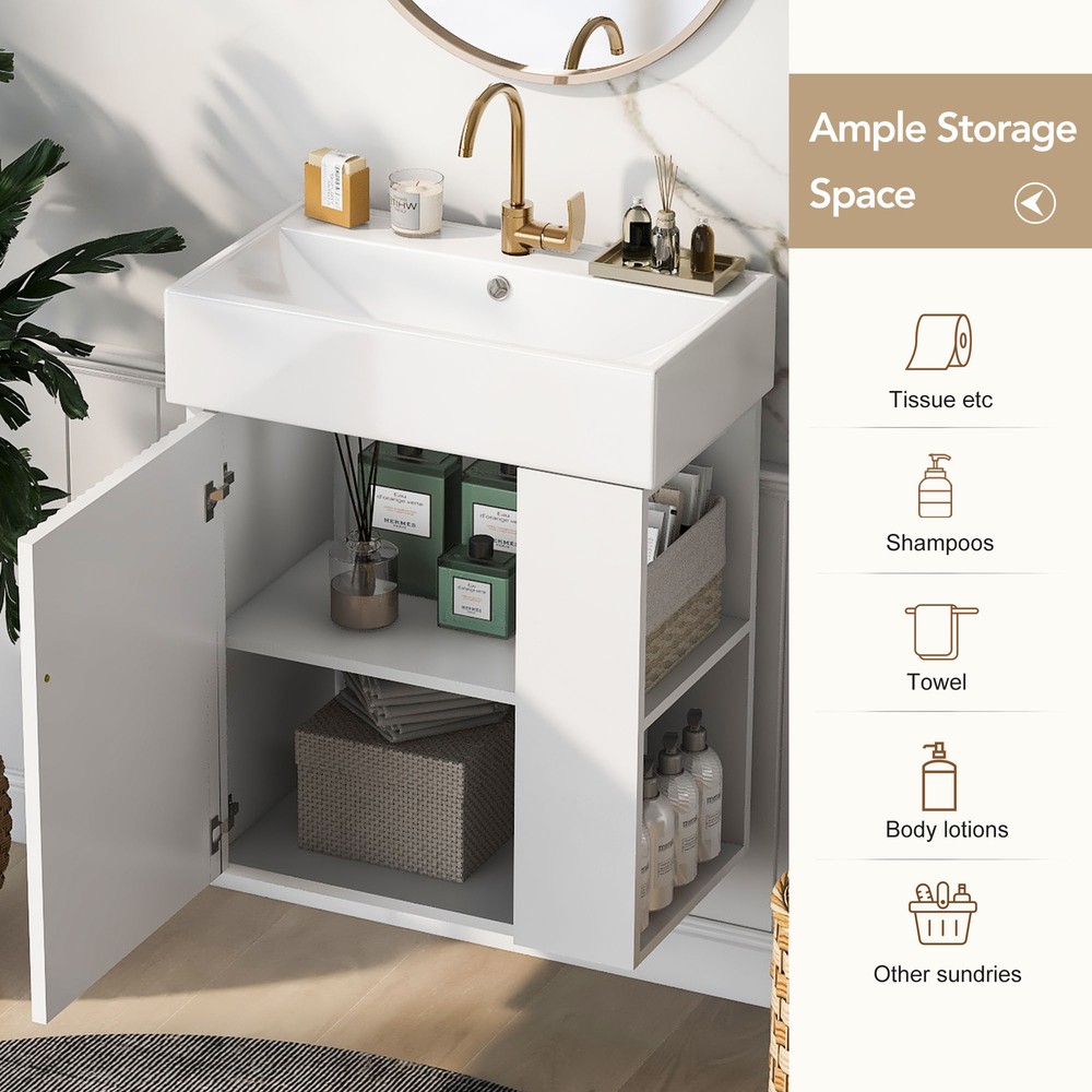 21.6inch Modern Floating Bathroom Vanity with Ceramic Basin Right side storage