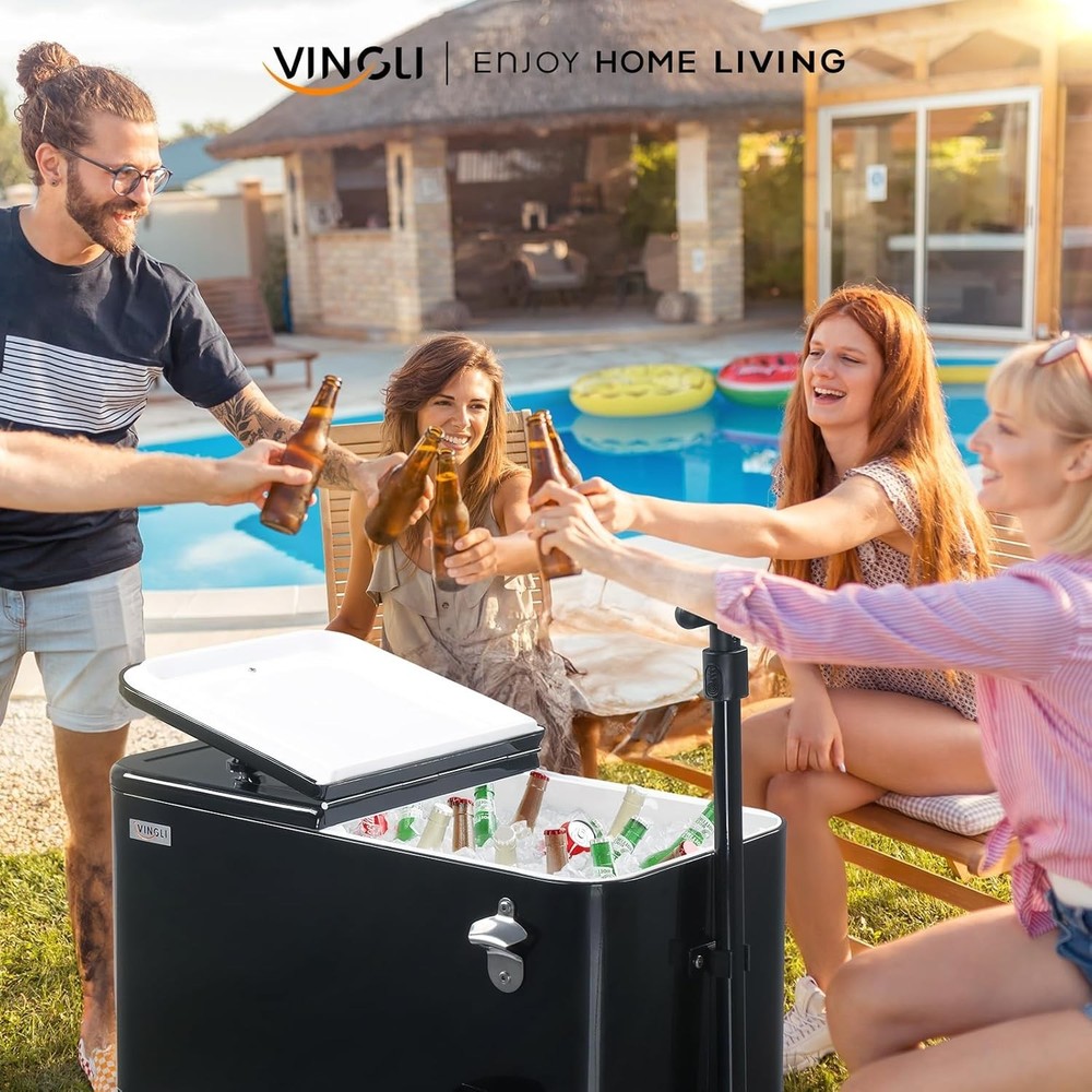 80 Quart Rolling Cooler Ice Chest with Wheels and Long Handle Black