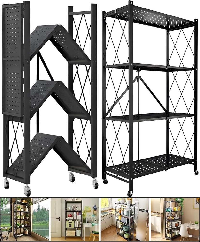 Four-tier storage rack, foldable metal garage storage rack