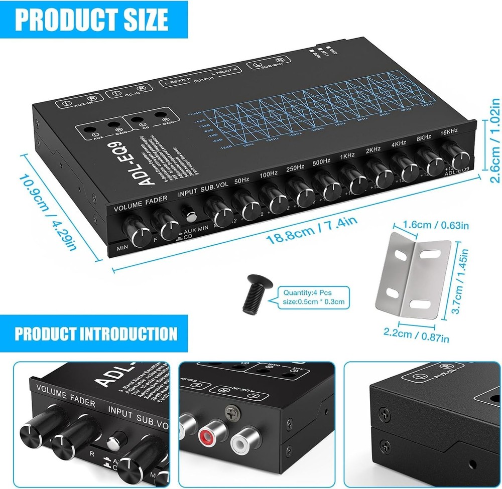 Car Audio Equalizer with Subwoofer Control & White Light Illumination - 9-Band