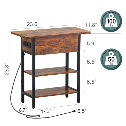 End Table with Charging Station, Flip Top Side Table with USB Berry Brown