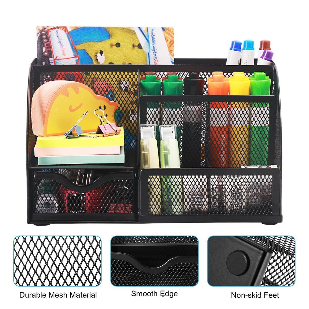 Comix Mesh Pen Pencil Holder Desk Organizer, 7 Compartment Wire Desktop Pen P...