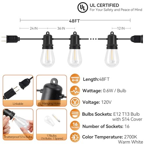 48FT LED Outdoor String Lights Dimmable Shatterproof S14 Edison Bulbs 48FT-1P