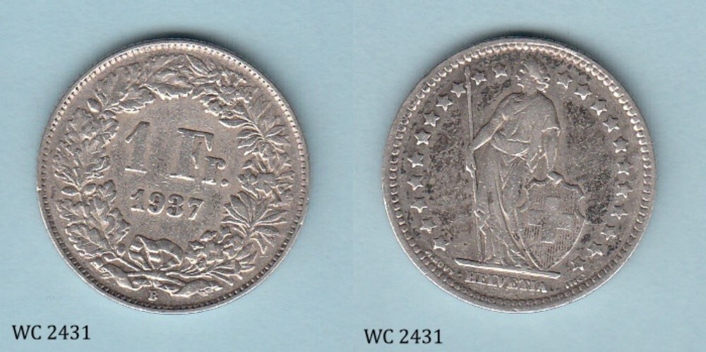 Switzerland 1 Franc 1937 Silver Coin