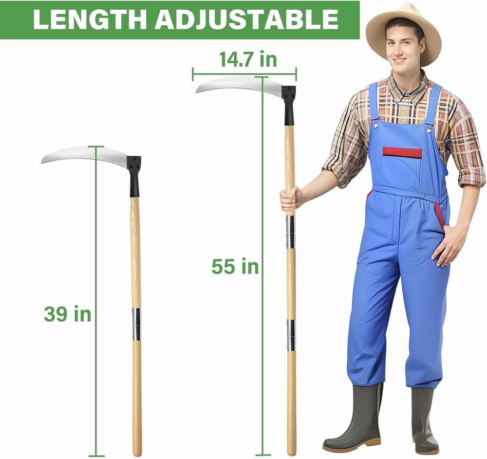 Solid Wood Long Handle Weeding Sickle, 32cm Extended Blade for Efficient Weed...