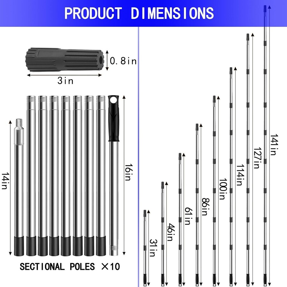 Paint Roller Extension Pole 11.8Ft,10 Segmented Lightweight Stainless Steel