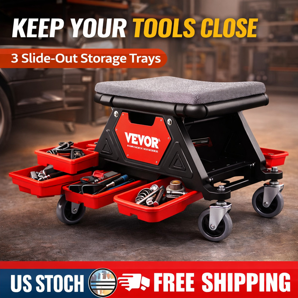 Heavy-Duty Rolling Mechanic Stool with 300 lbs Capacity & Tool Storage Trays